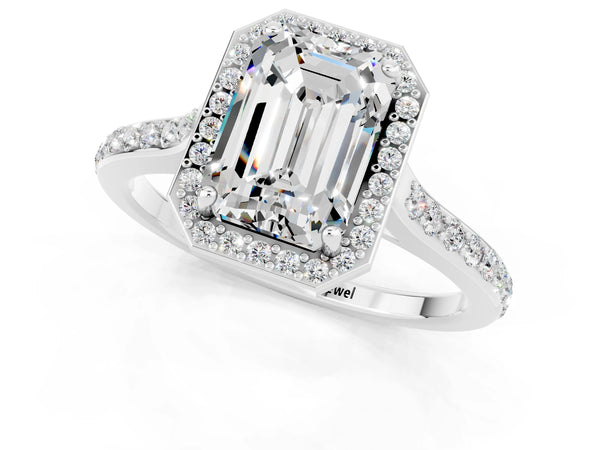 Platinum Emerald Cut Moissanite Halo Engagement Ring with Round Pavé Shoulders and Prong Setting