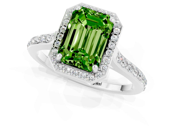 White gold Emerald Cut Halo Round Diamond Pavé Band with Four-Prong Setting