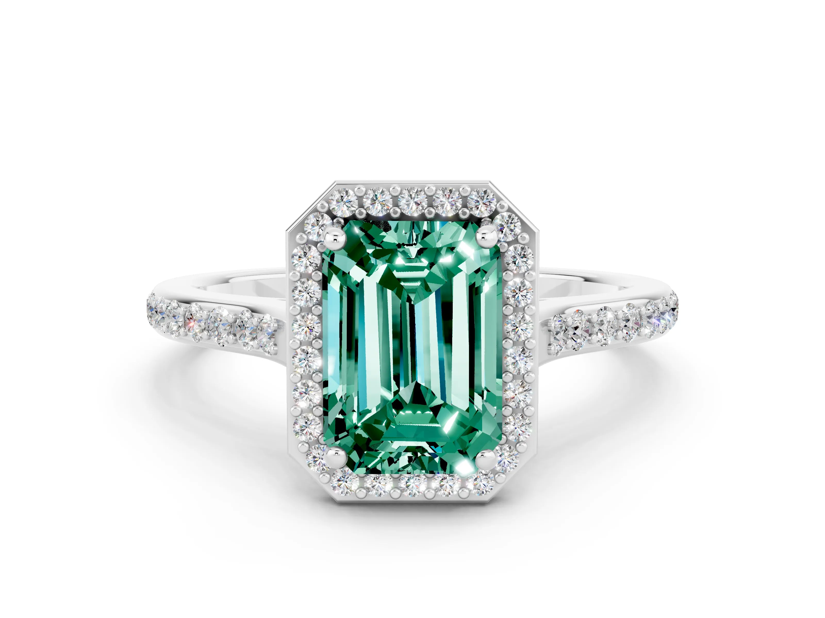 White gold Emerald Cut Halo Round Diamond Pavé Band with Four-Prong Setting