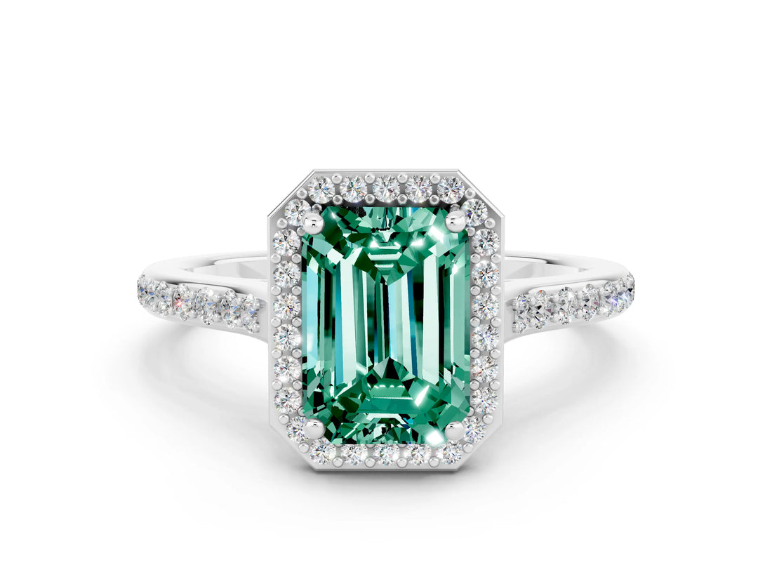 White gold Emerald Cut Halo Round Diamond Pavé Band with Four-Prong Setting