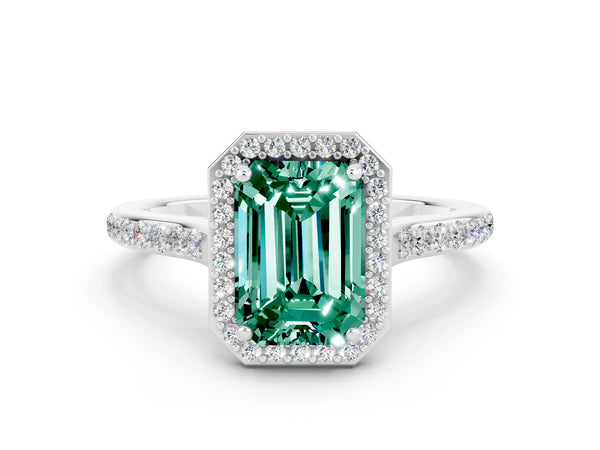 Platinum Emerald Cut Green Sapphire Halo Engagement Ring with Round Pavé Shoulders and Prong Setting