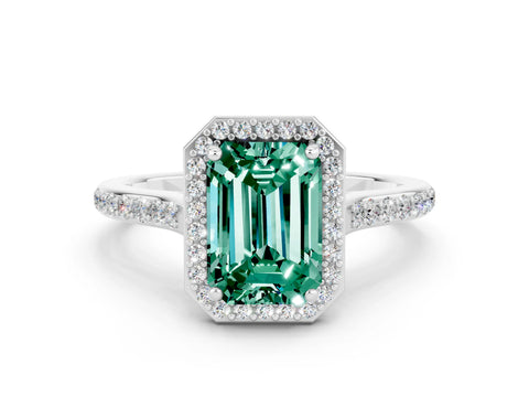 White gold Emerald Cut Halo Round Diamond Pavé Band with Four-Prong Setting