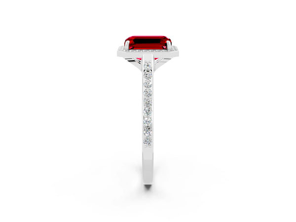 Silver Emerald Cut Halo Round Diamond Pavé Band with Four-Prong Setting