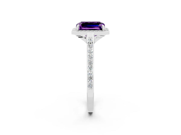 Platinum Emerald Cut Amethyst Halo Engagement Ring with Round Pavé Shoulders and Prong Setting