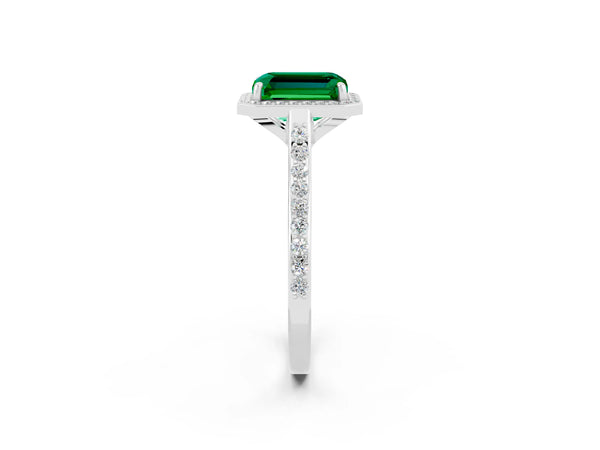 Silver Emerald Cut Emerald Halo Engagement Ring with Round Pavé Shoulders and Prong Setting