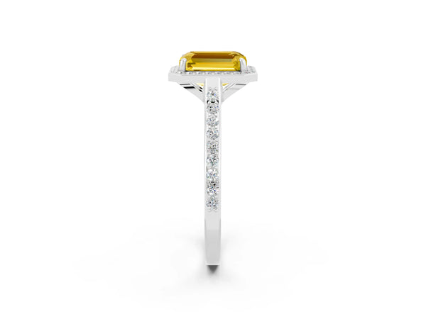 Platinum Emerald Cut Yellow Sapphire Halo Engagement Ring with Round Pavé Shoulders and Prong Setting