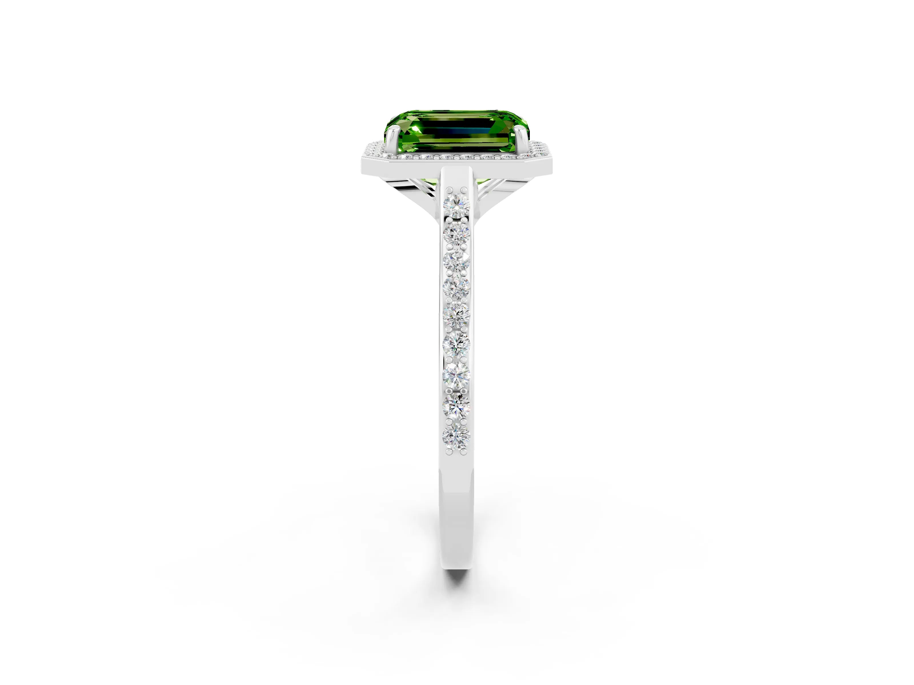 White gold Emerald Cut Halo Round Diamond Pavé Band with Four-Prong Setting_2