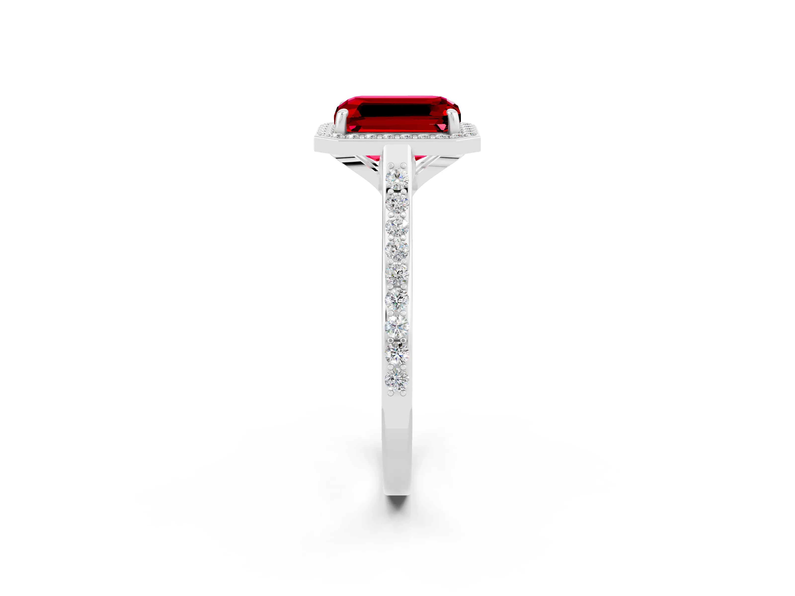 White gold Emerald Cut Halo Round Diamond Pavé Band with Four-Prong Setting_2