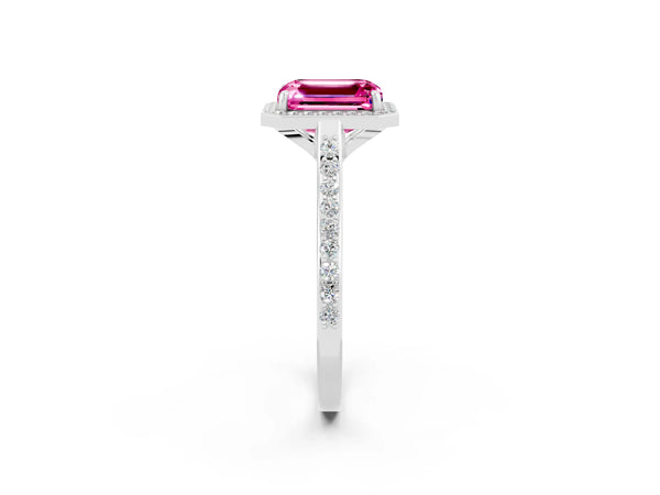 White gold Emerald Cut Pink Sapphire Halo Engagement Ring with Round Pavé Shoulders and Prong Setting