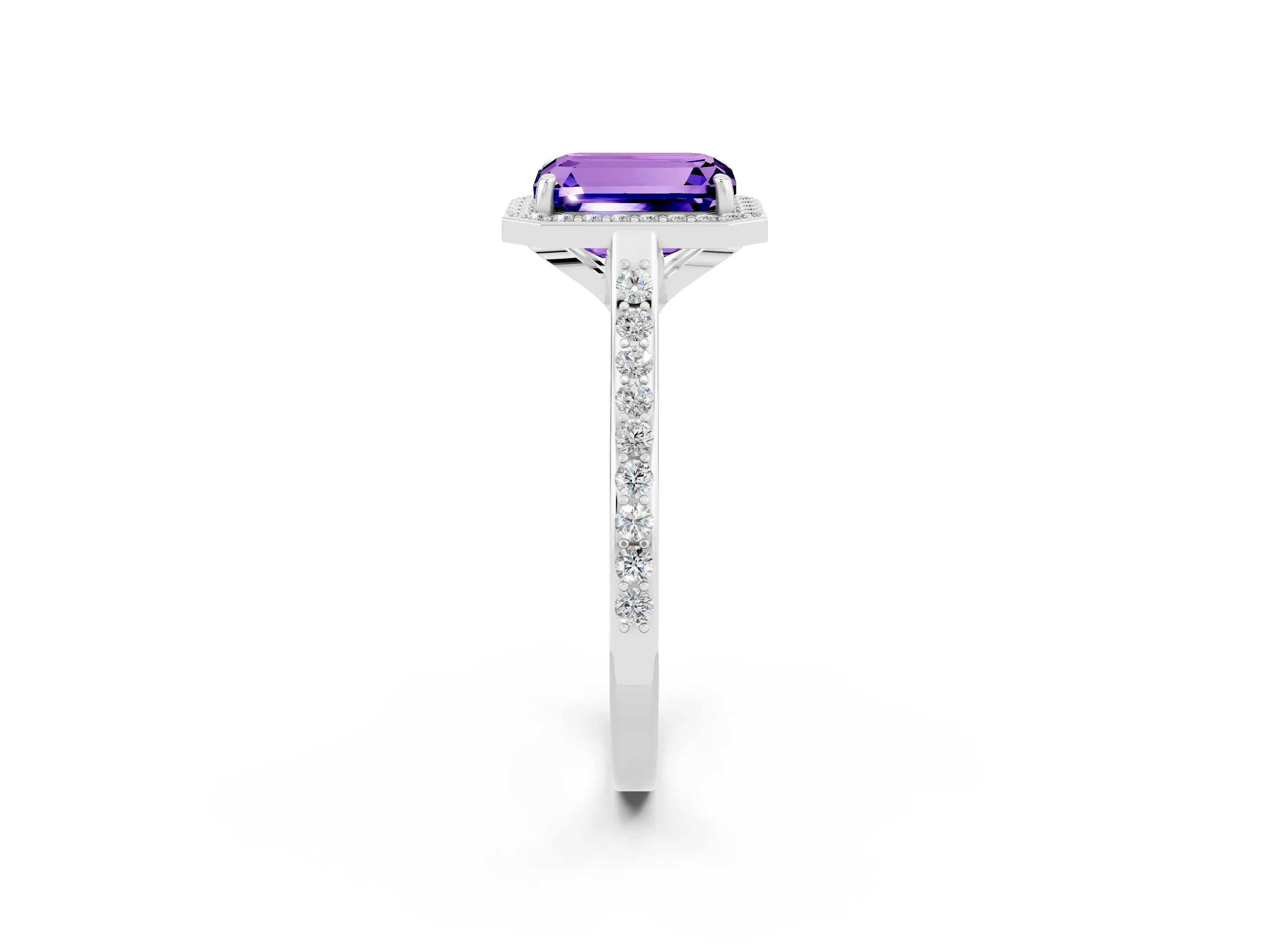 White gold Emerald Cut Halo Round Diamond Pavé Band with Four-Prong Setting_2