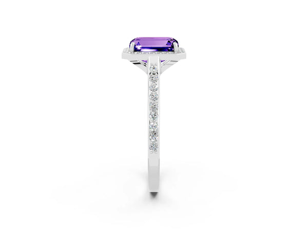 White gold Emerald Cut Tanzanite Halo Engagement Ring with Round Pavé Shoulders and Prong Setting