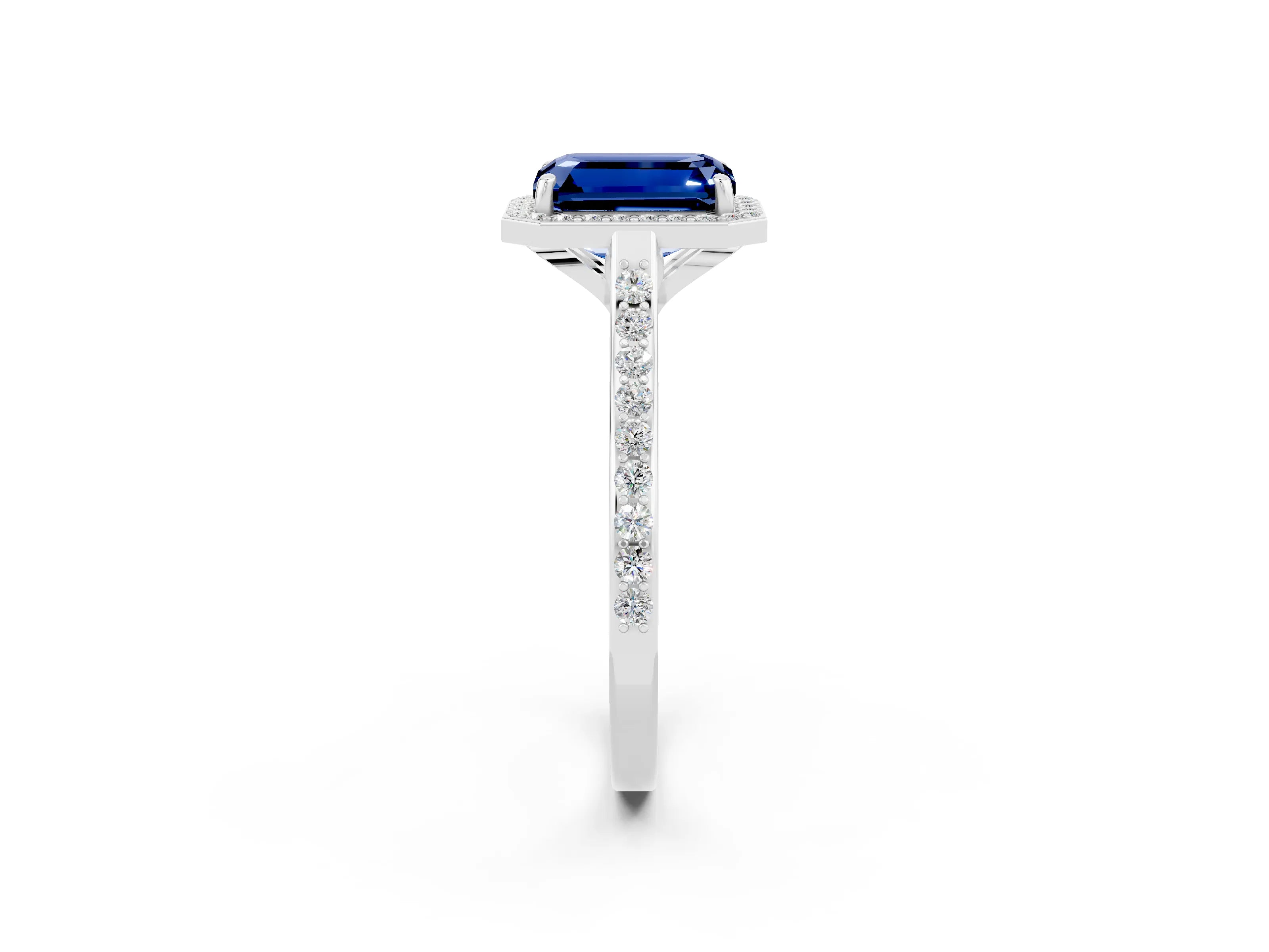 White gold Emerald Cut Halo Round Diamond Pavé Band with Four-Prong Setting_2