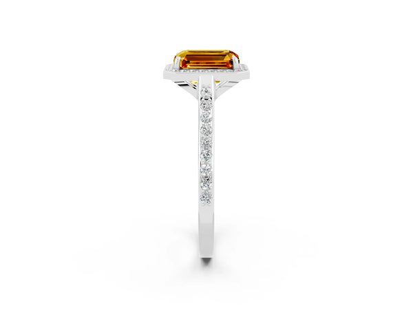 White gold Emerald Cut Citrine Halo Engagement Ring with Round Pavé Shoulders and Prong Setting