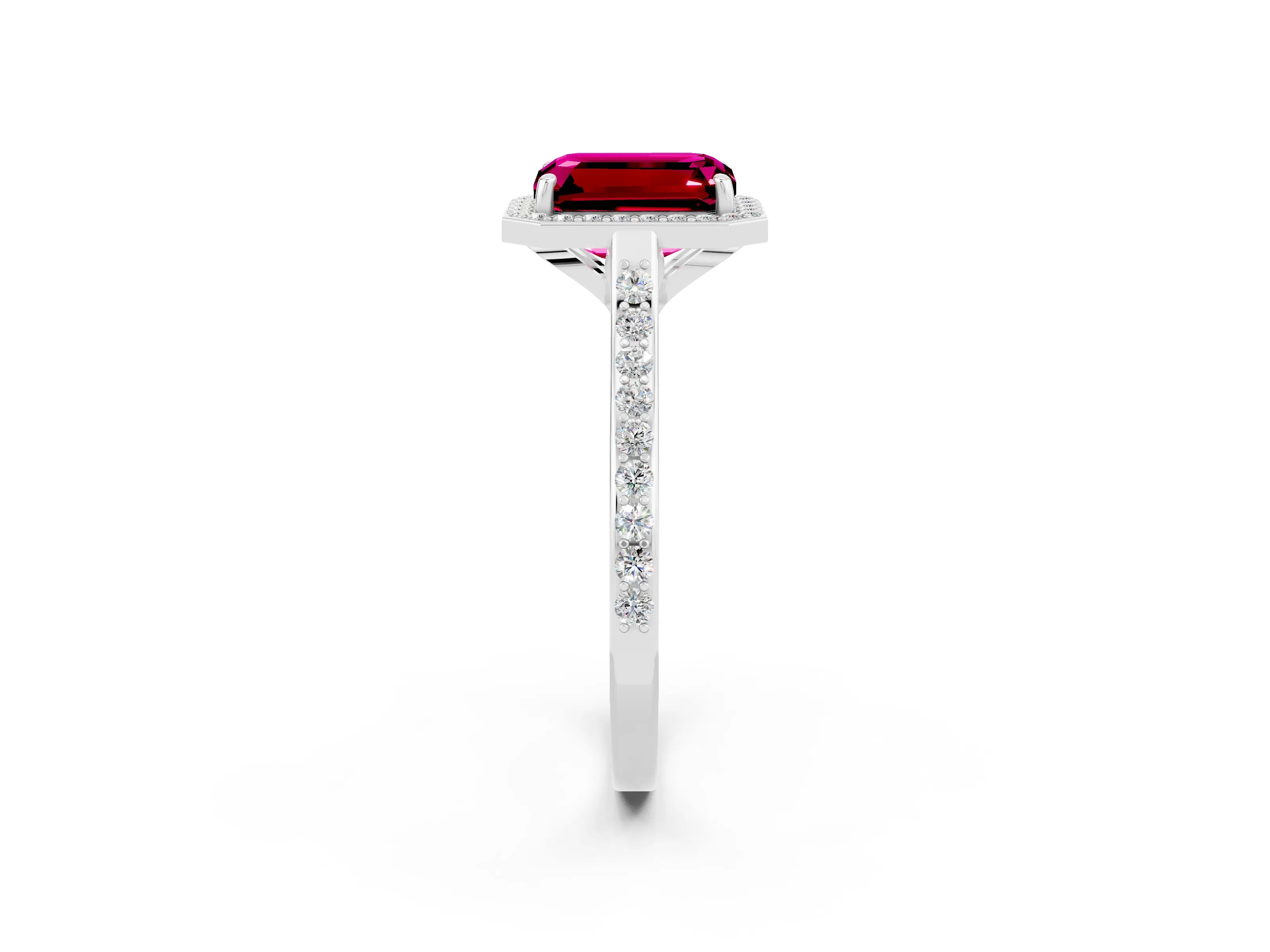 White gold Emerald Cut Halo Round Diamond Pavé Band with Four-Prong Setting_2