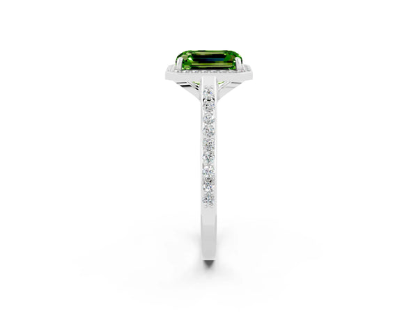 Silver Emerald Cut Halo Round Diamond Pavé Band with Four-Prong Setting