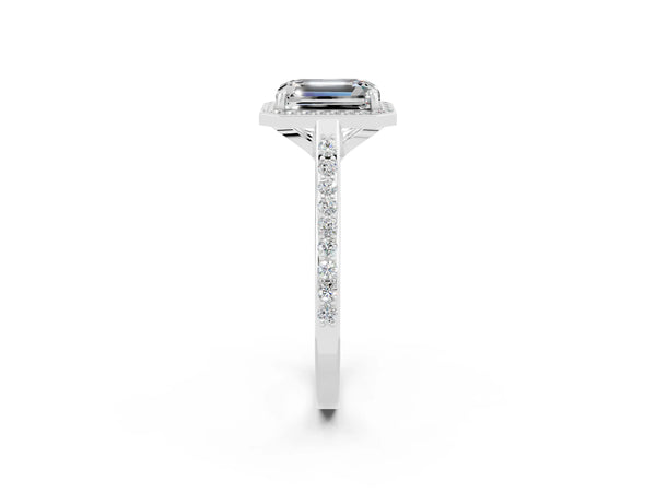 Silver Emerald Cut Moissanite Halo Engagement Ring with Round Pavé Shoulders and Prong Setting