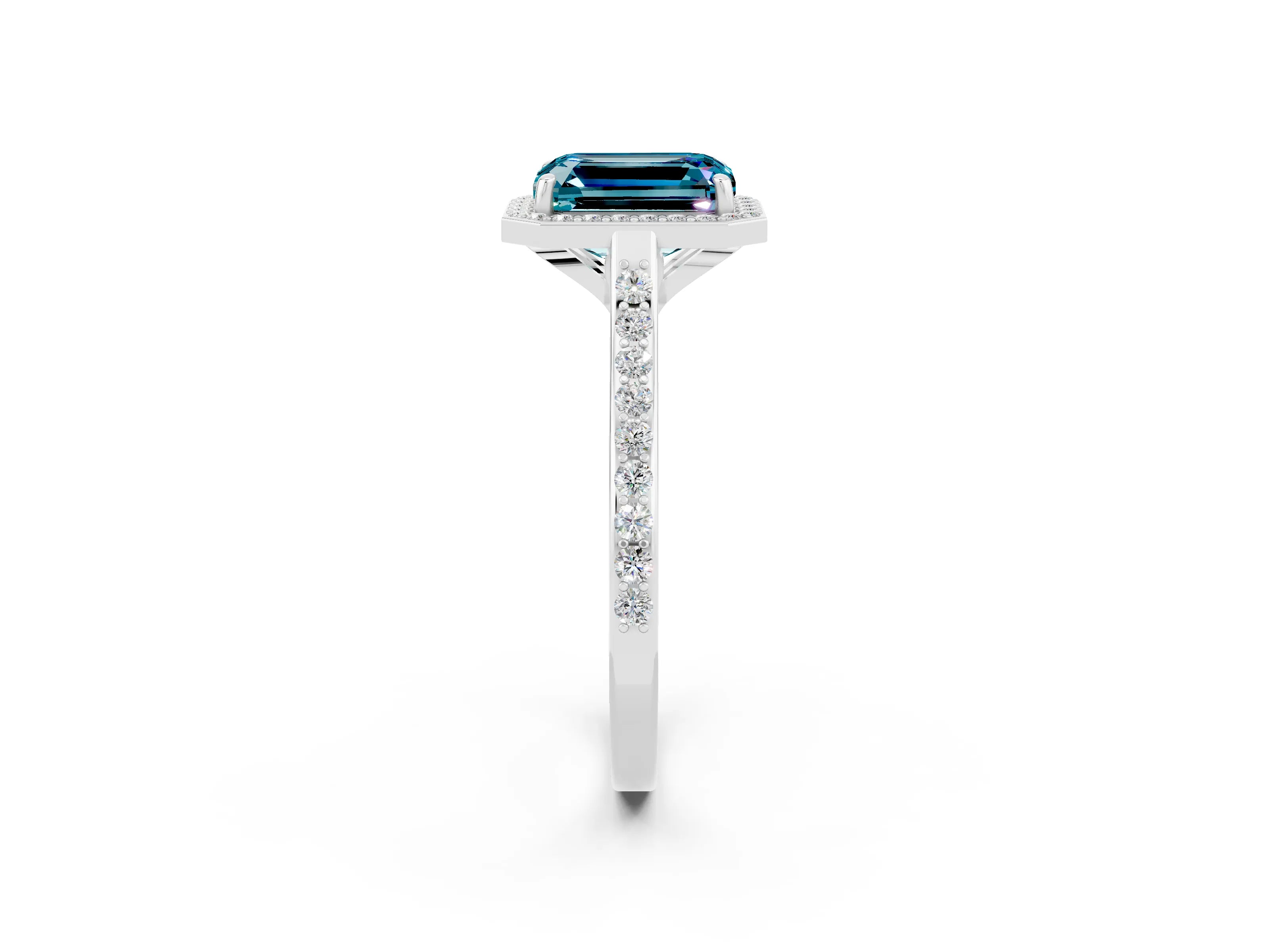 White gold Emerald Cut Halo Round Diamond Pavé Band with Four-Prong Setting_2