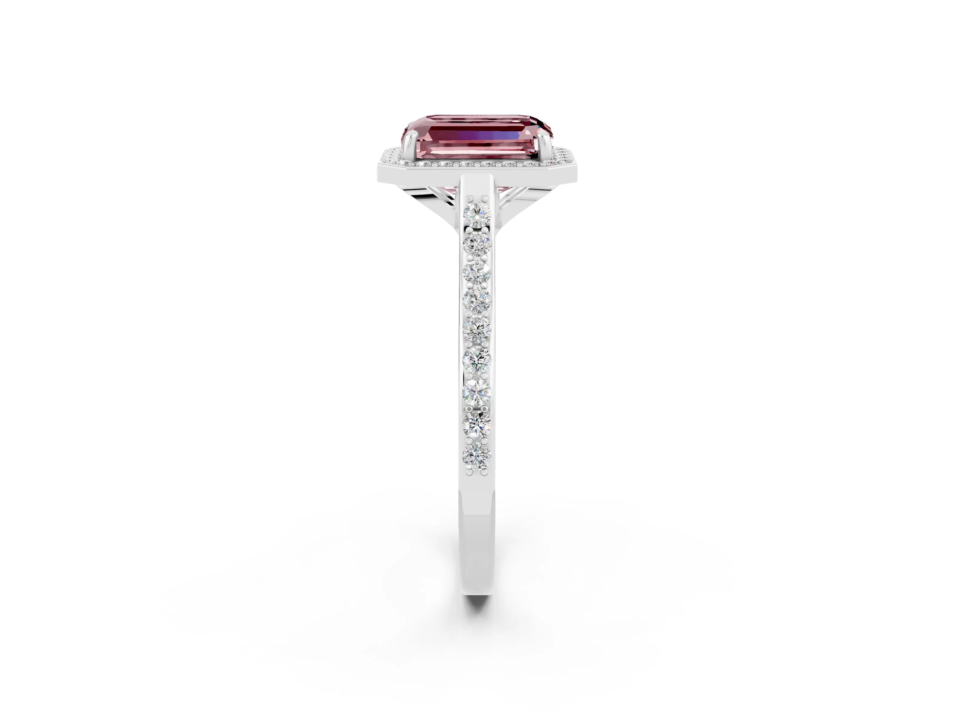 White gold Emerald Cut Halo Round Diamond Pavé Band with Four-Prong Setting_2