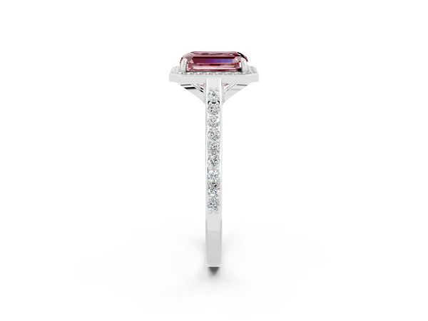 Platinum Emerald Cut Halo Round Diamond Pavé Band with Four-Prong Setting