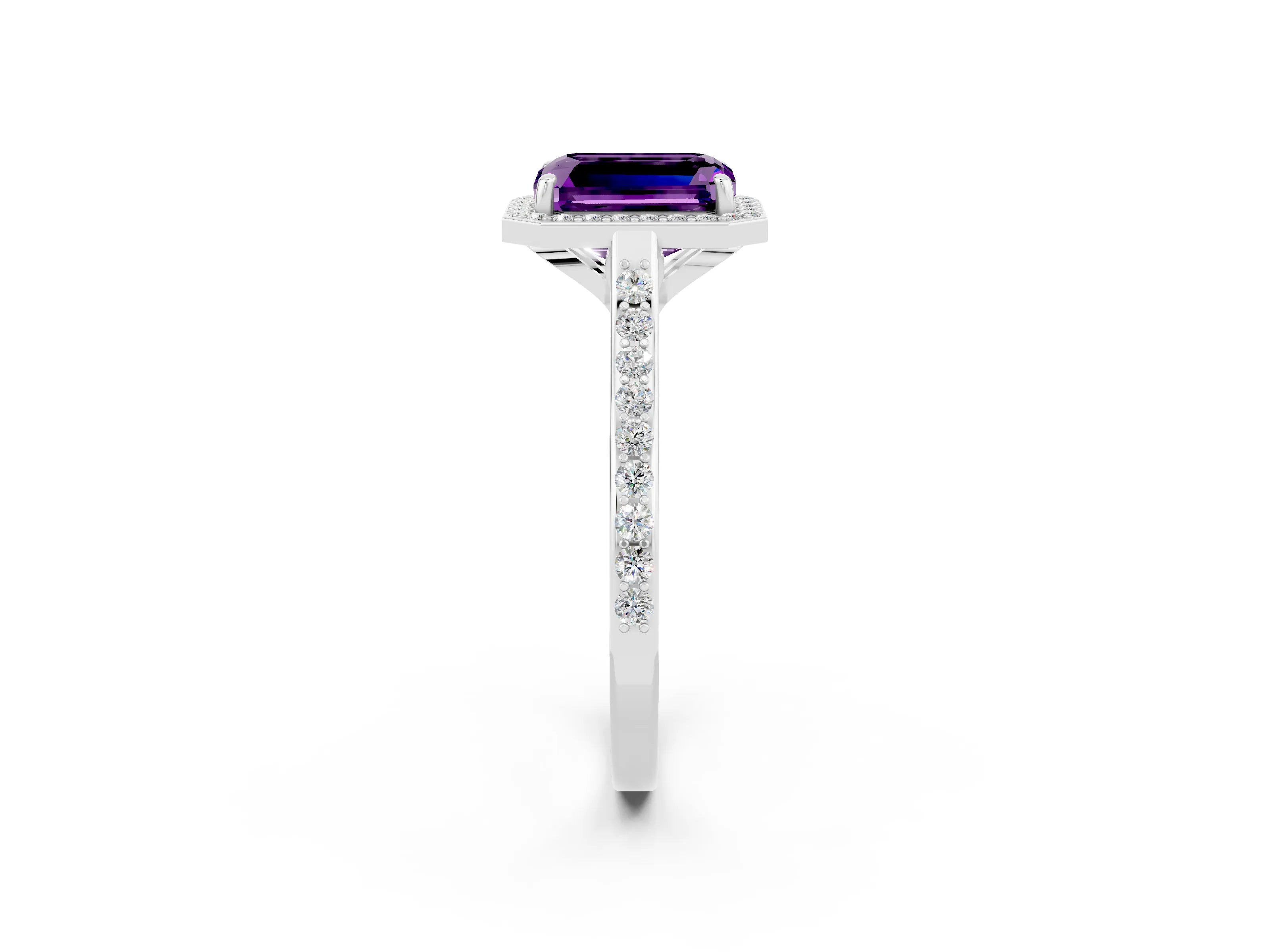 White gold Emerald Cut Halo Round Diamond Pavé Band with Four-Prong Setting_2