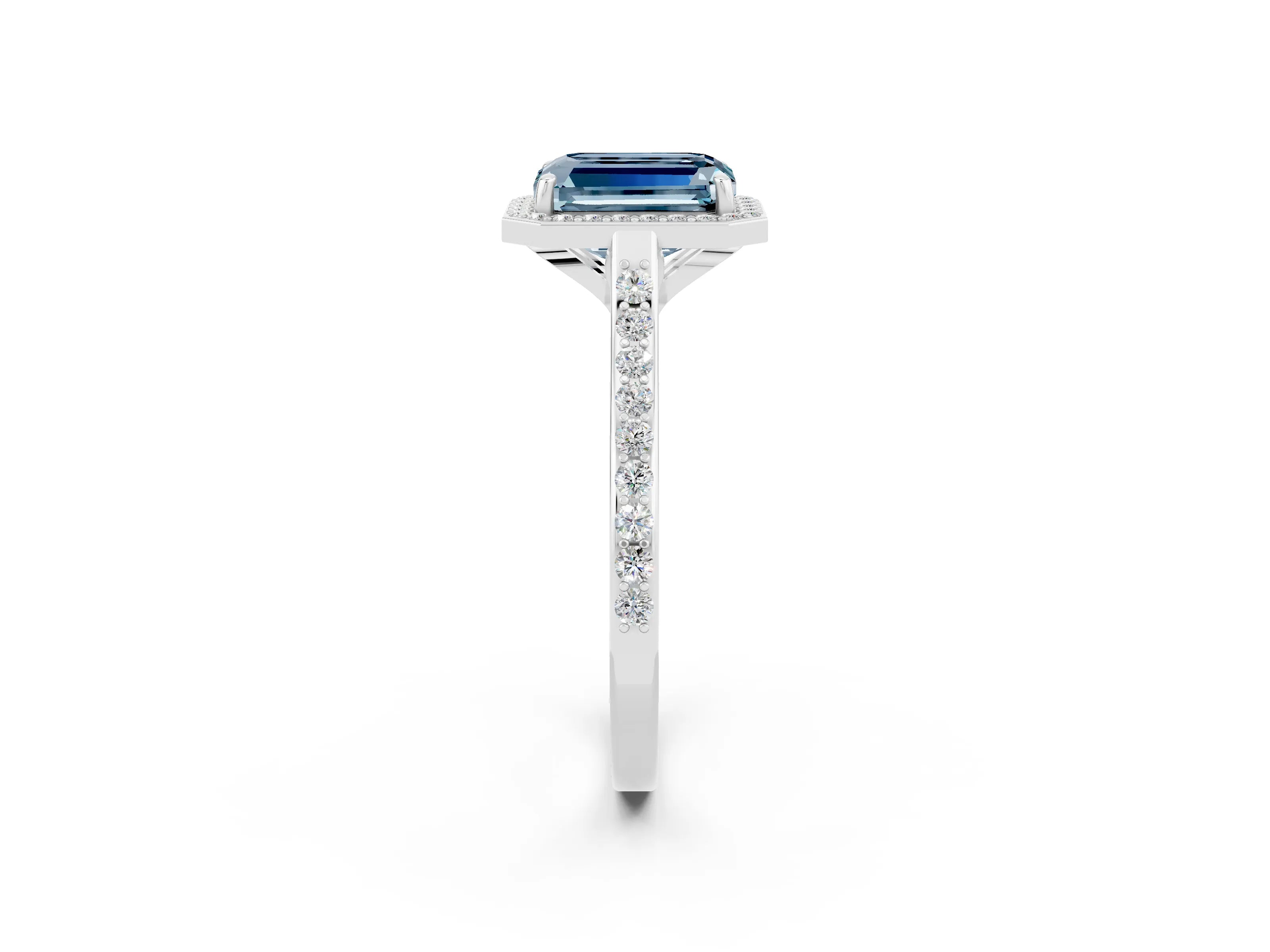 White gold Emerald Cut Halo Round Diamond Pavé Band with Four-Prong Setting_2