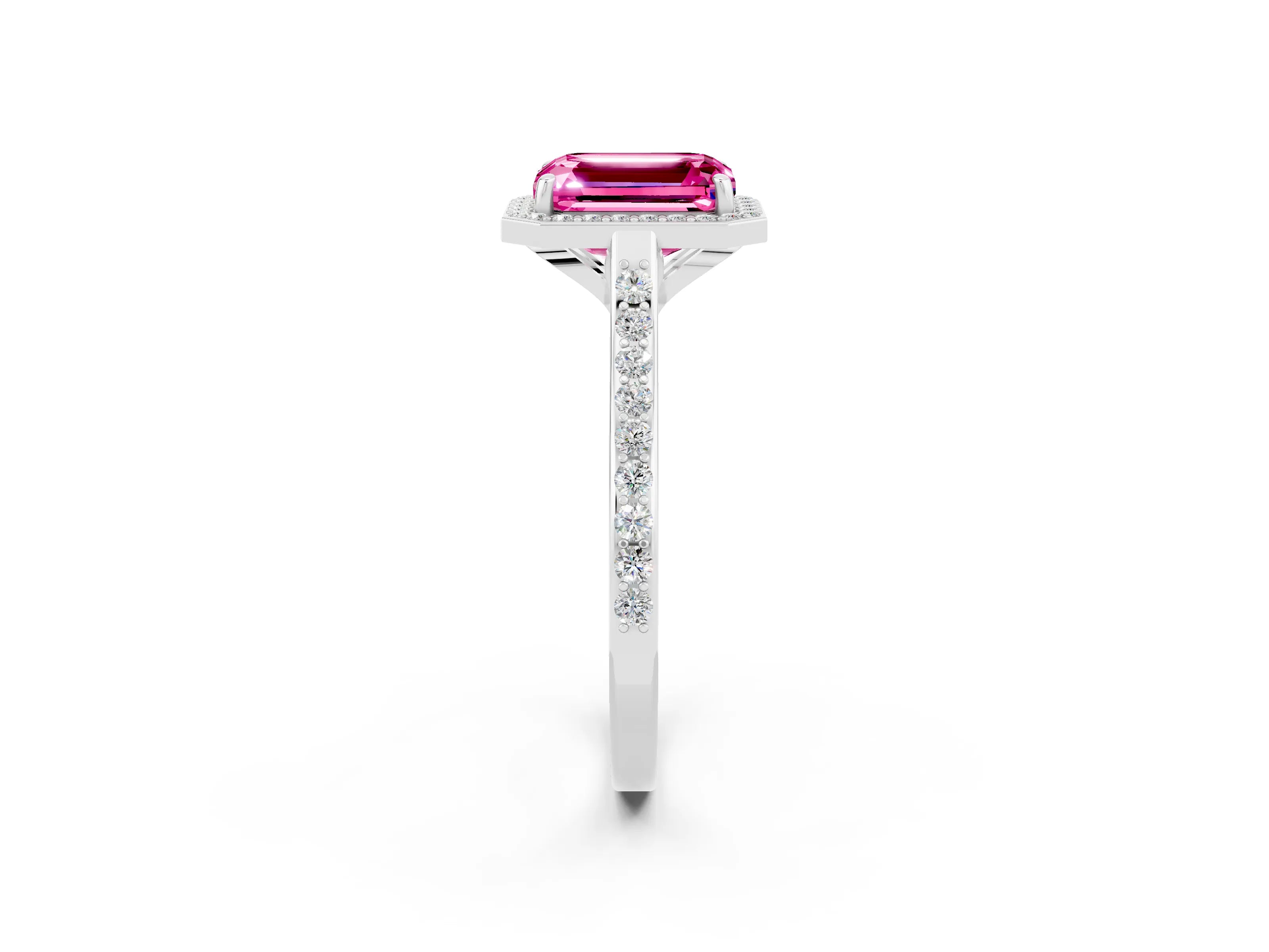 White gold Emerald Cut Halo Round Diamond Pavé Band with Four-Prong Setting_2
