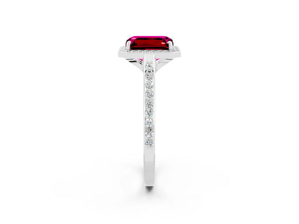 Silver Emerald Cut Garnet Halo Engagement Ring with Round Pavé Shoulders and Prong Setting