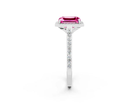 White gold Emerald Cut Halo Round Diamond Pavé Band with Four-Prong Setting_2