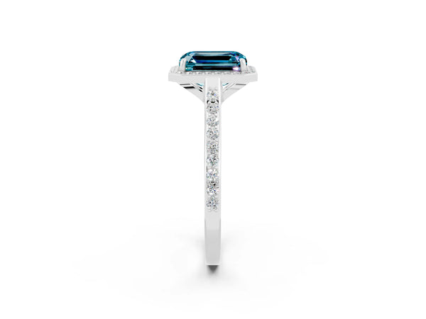 Silver Emerald Cut Halo Round Diamond Pavé Band with Four-Prong Setting