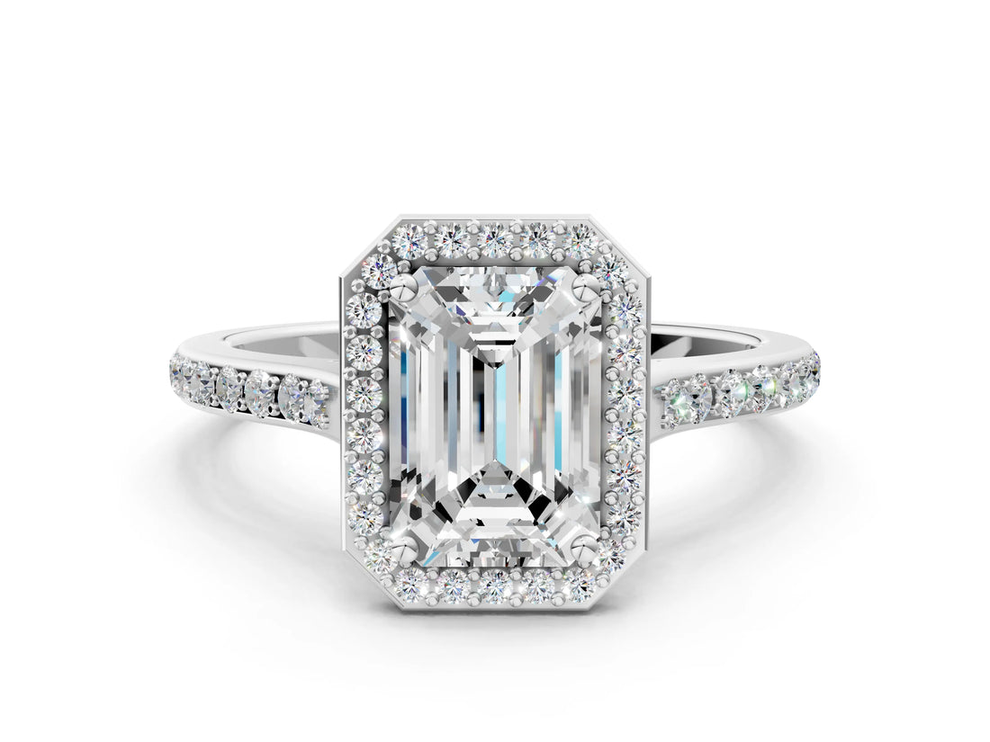 White gold Emerald Cut Halo Round Diamond Pavé Band with Four-Prong Setting_3