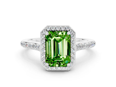 White gold Emerald Cut Halo Round Diamond Pavé Band with Four-Prong Setting