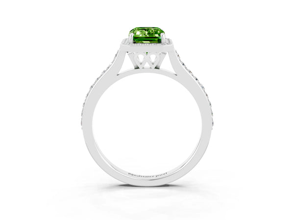 Silver Emerald Cut Halo Round Diamond Pavé Band with Four-Prong Setting