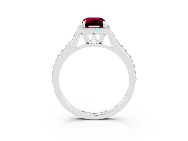 Silver Emerald Cut Garnet Halo Engagement Ring with Round Pavé Shoulders and Prong Setting