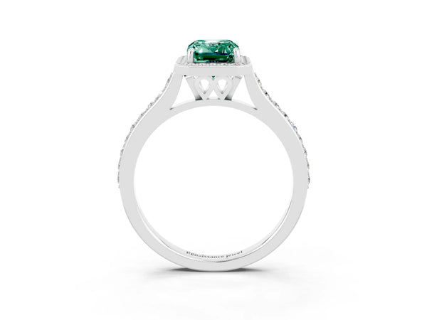 Platinum Emerald Cut Green Sapphire Halo Engagement Ring with Round Pavé Shoulders and Prong Setting