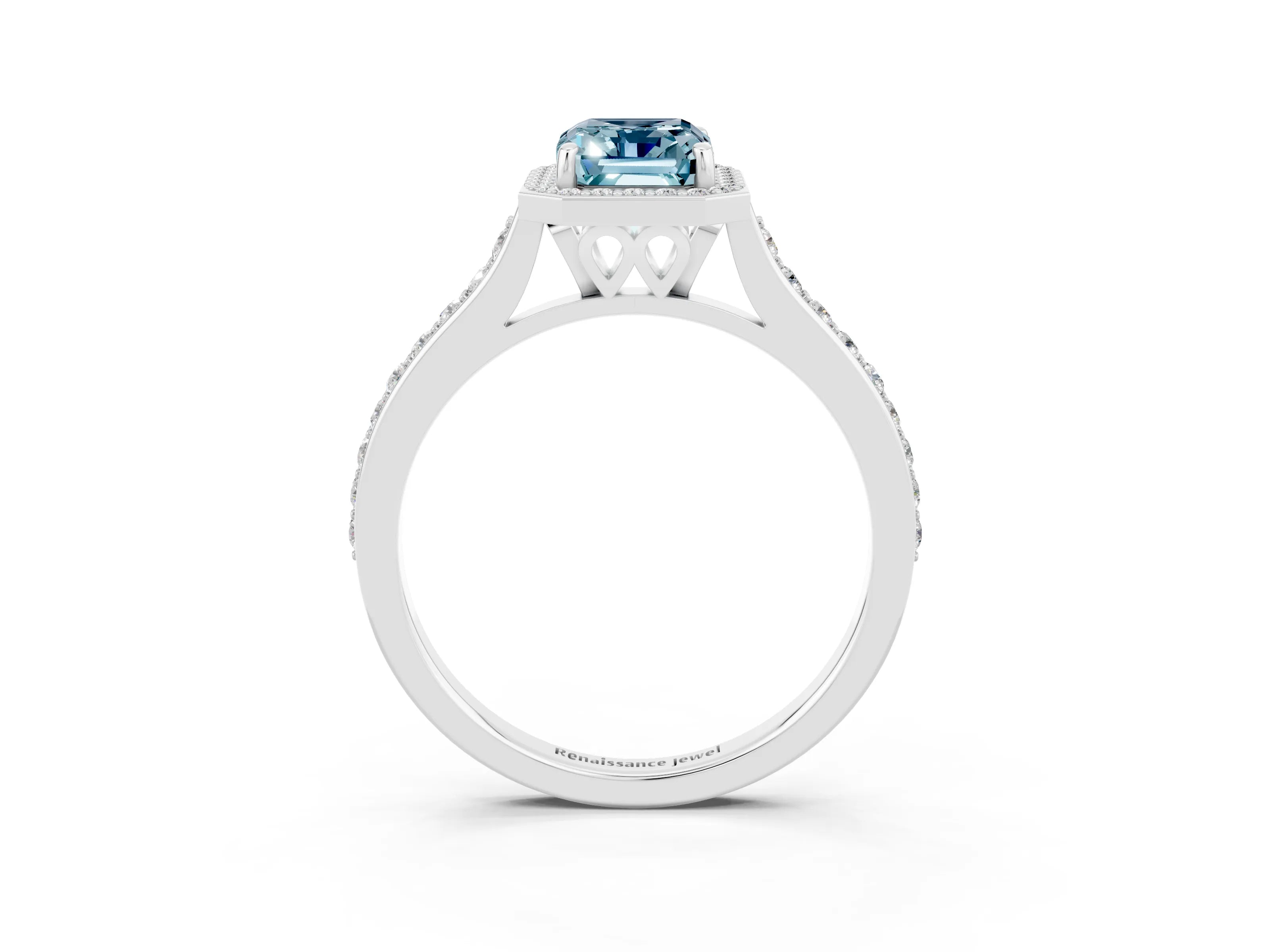 White gold Emerald Cut Halo Round Diamond Pavé Band with Four-Prong Setting_3