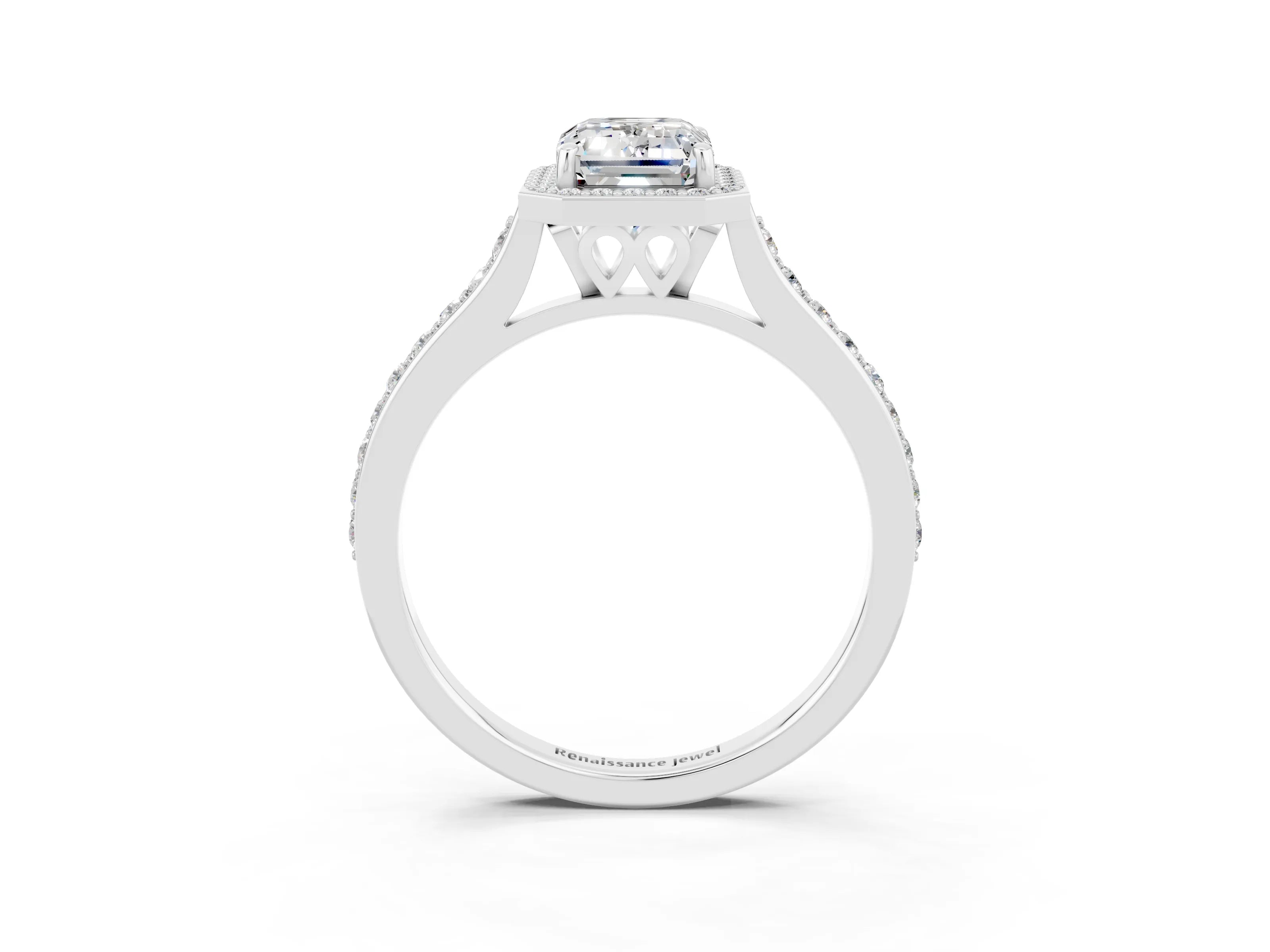 White gold Emerald Cut Halo Round Diamond Pavé Band with Four-Prong Setting_3
