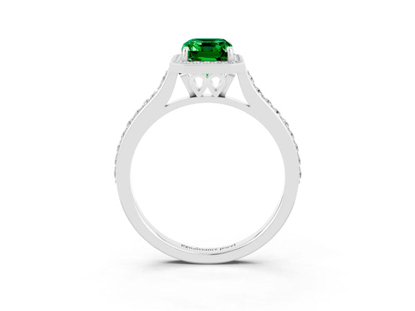 Silver Emerald Cut Emerald Halo Engagement Ring with Round Pavé Shoulders and Prong Setting