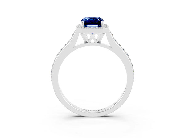White gold Emerald Cut Blue Sapphire Halo Engagement Ring with Round Pavé Shoulders and Prong Setting