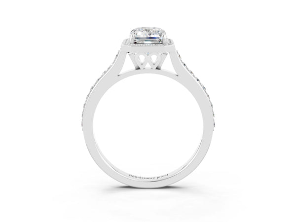Platinum Emerald Cut Moissanite Halo Engagement Ring with Round Pavé Shoulders and Prong Setting