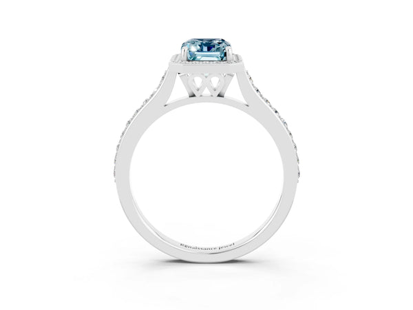 White gold Emerald Cut Aquamarine Halo Engagement Ring with Round Pavé Shoulders and Prong Setting