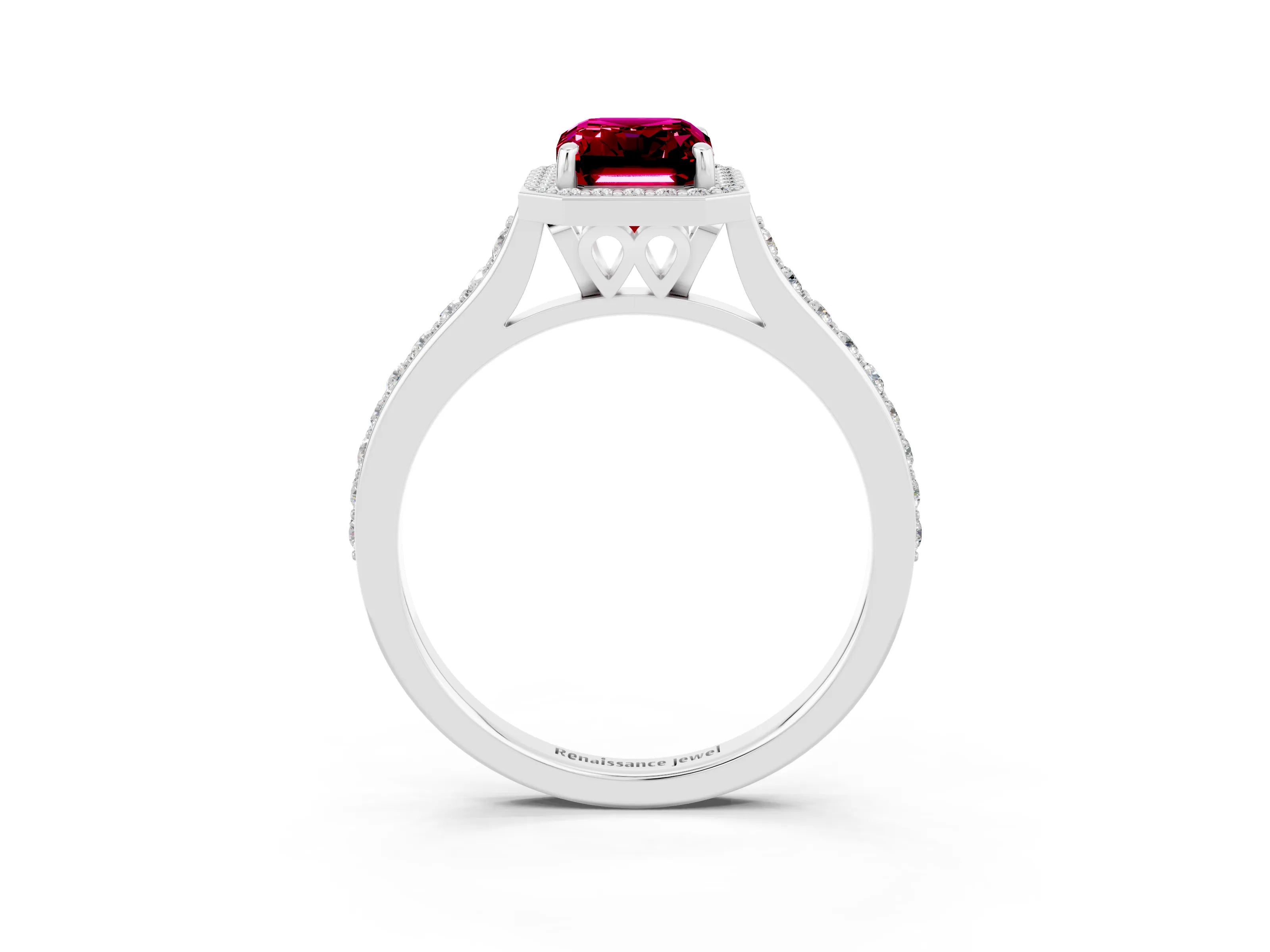 White gold Emerald Cut Halo Round Diamond Pavé Band with Four-Prong Setting_3