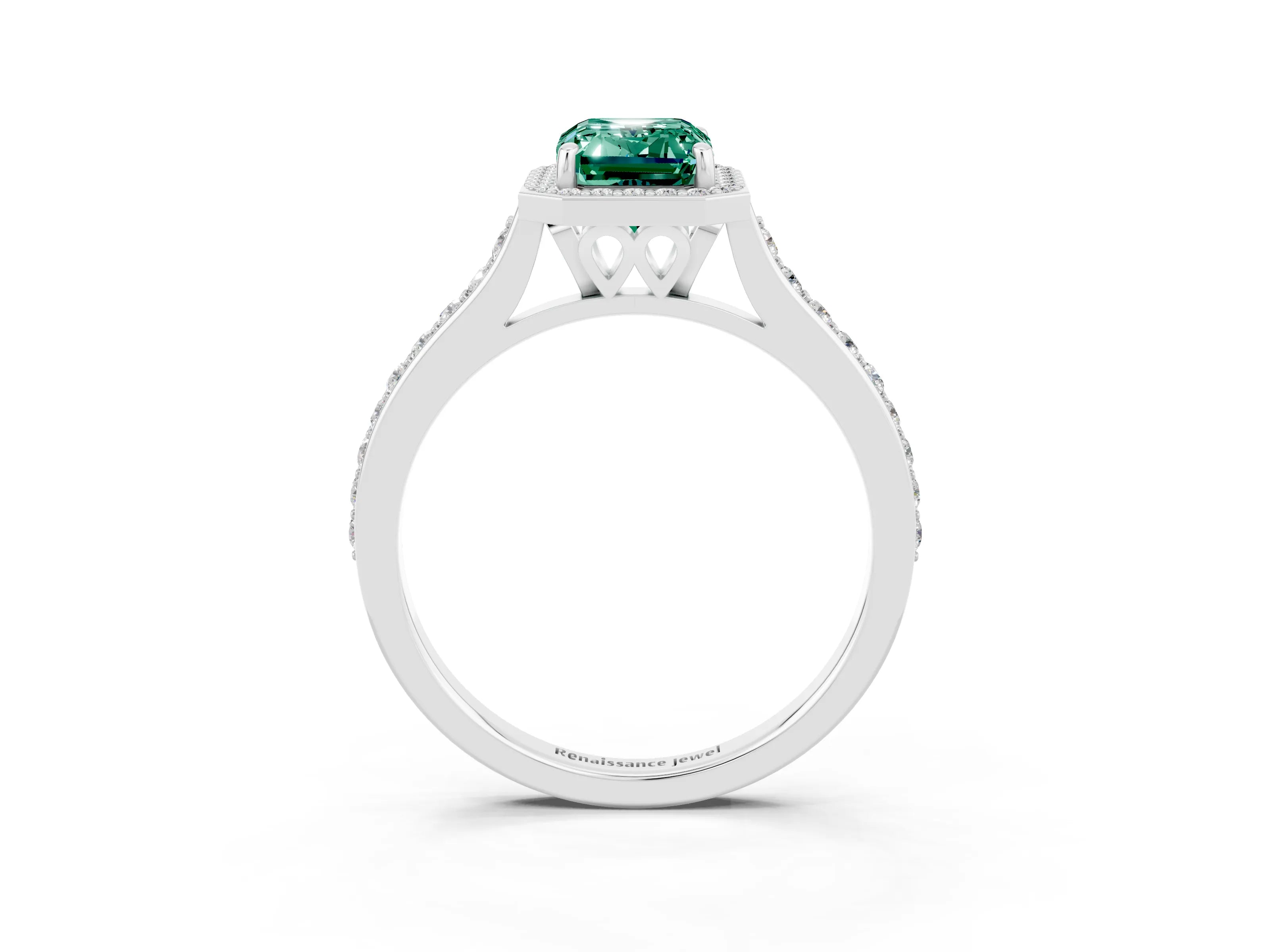 White gold Emerald Cut Halo Round Diamond Pavé Band with Four-Prong Setting_3