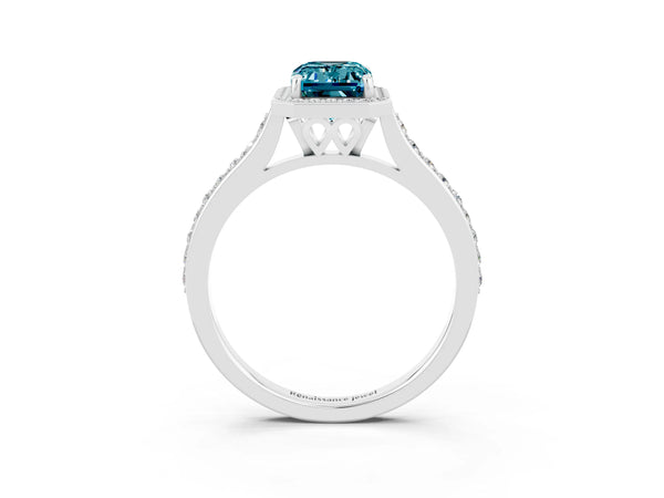 Silver Emerald Cut Halo Round Diamond Pavé Band with Four-Prong Setting