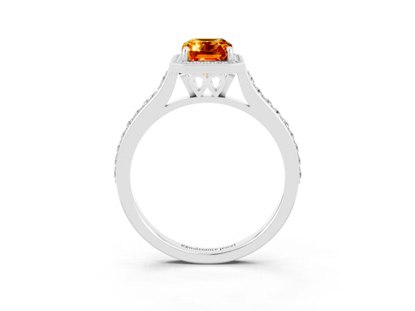 White gold Emerald Cut Citrine Halo Engagement Ring with Round Pavé Shoulders and Prong Setting