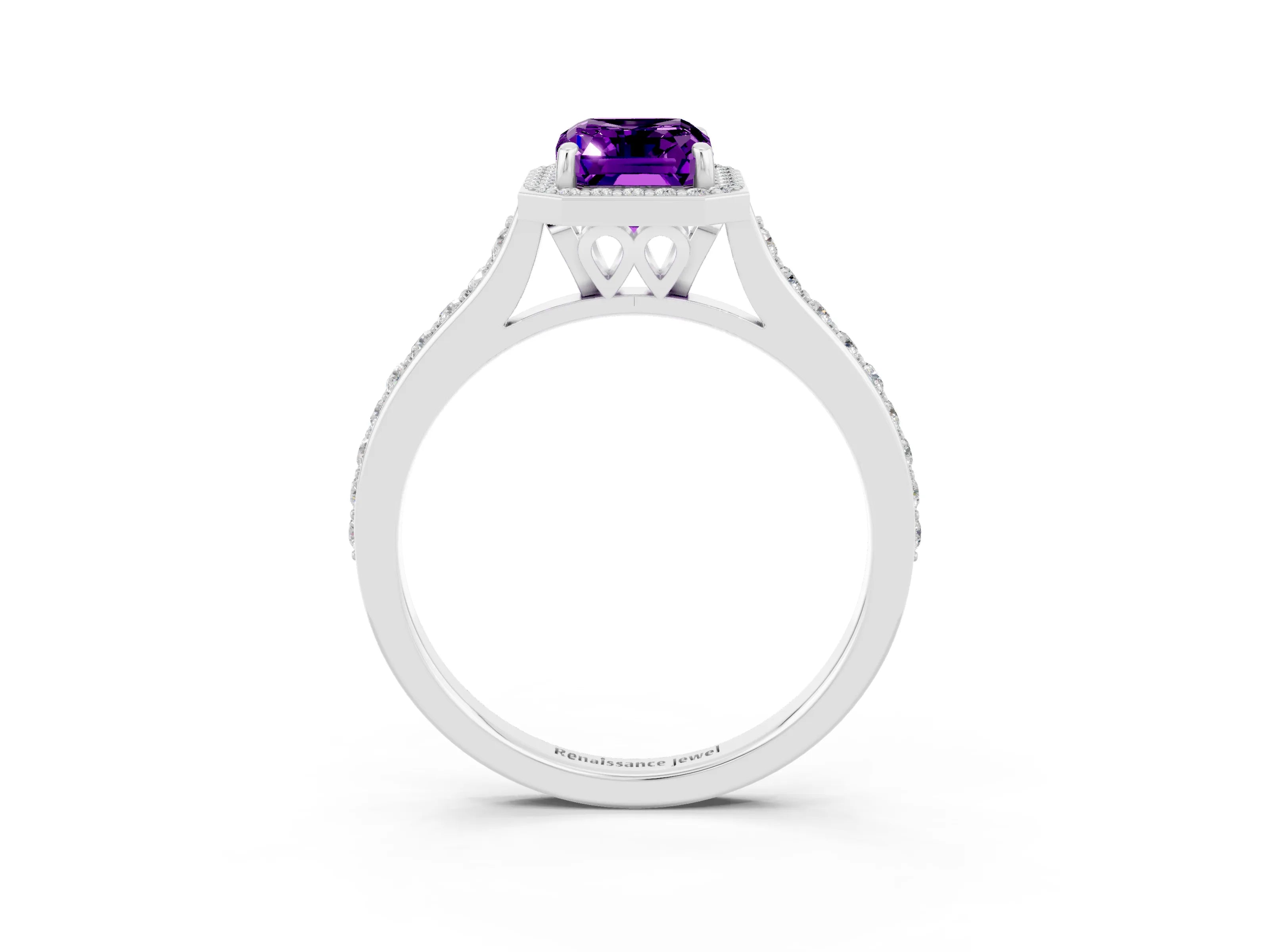 White gold Emerald Cut Halo Round Diamond Pavé Band with Four-Prong Setting_3