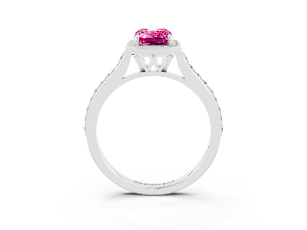White gold Emerald Cut Pink Sapphire Halo Engagement Ring with Round Pavé Shoulders and Prong Setting
