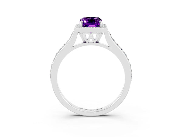 Platinum Emerald Cut Amethyst Halo Engagement Ring with Round Pavé Shoulders and Prong Setting