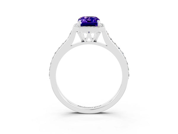 White gold Emerald Cut Tanzanite Halo Engagement Ring with Round Pavé Shoulders and Prong Setting