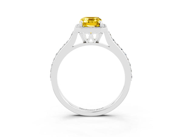 White gold Emerald Cut Yellow Sapphire Halo Engagement Ring with Round Pavé Shoulders and Prong Setting