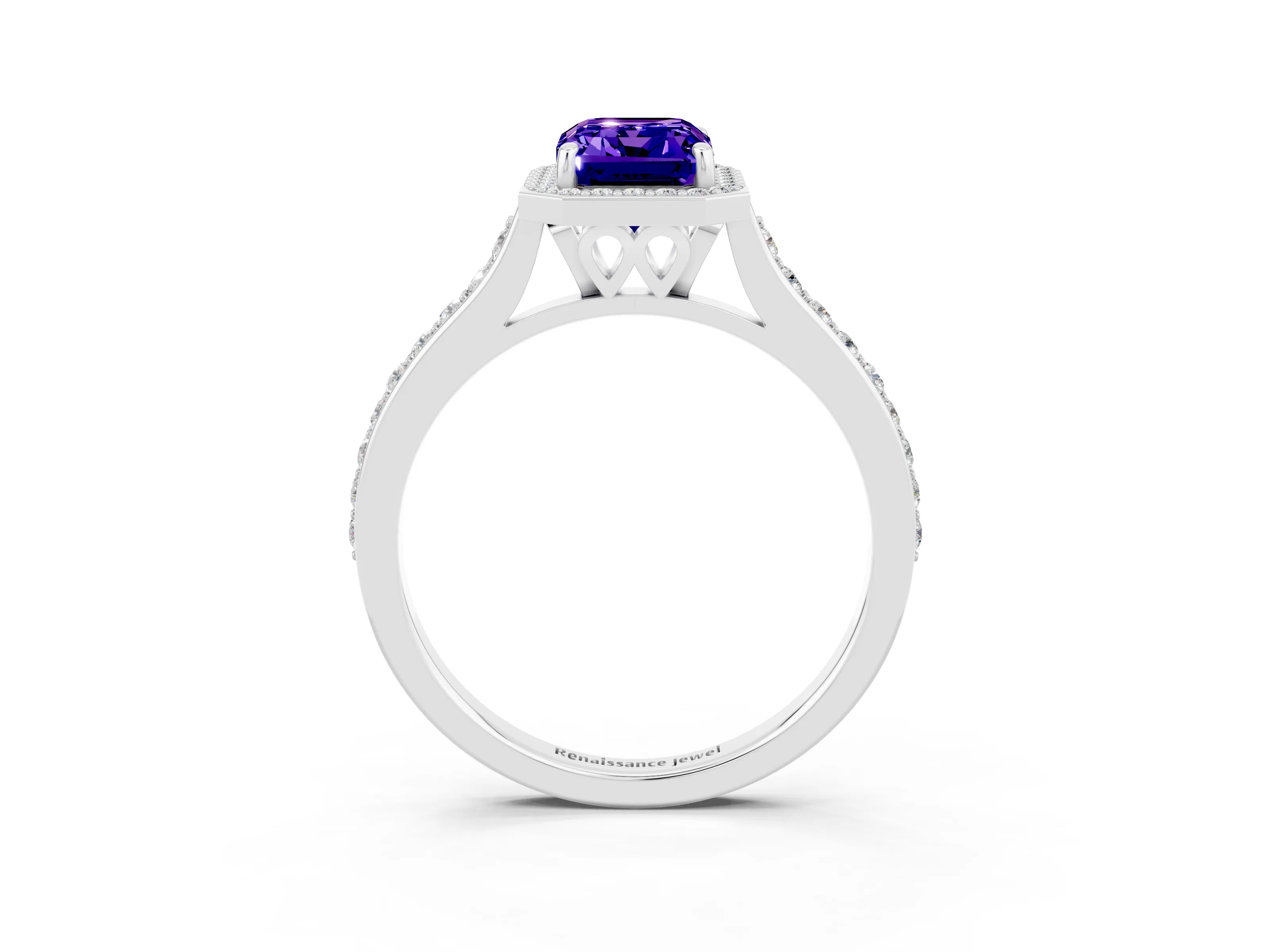 White gold Emerald Cut Halo Round Diamond Pavé Band with Four-Prong Setting_3